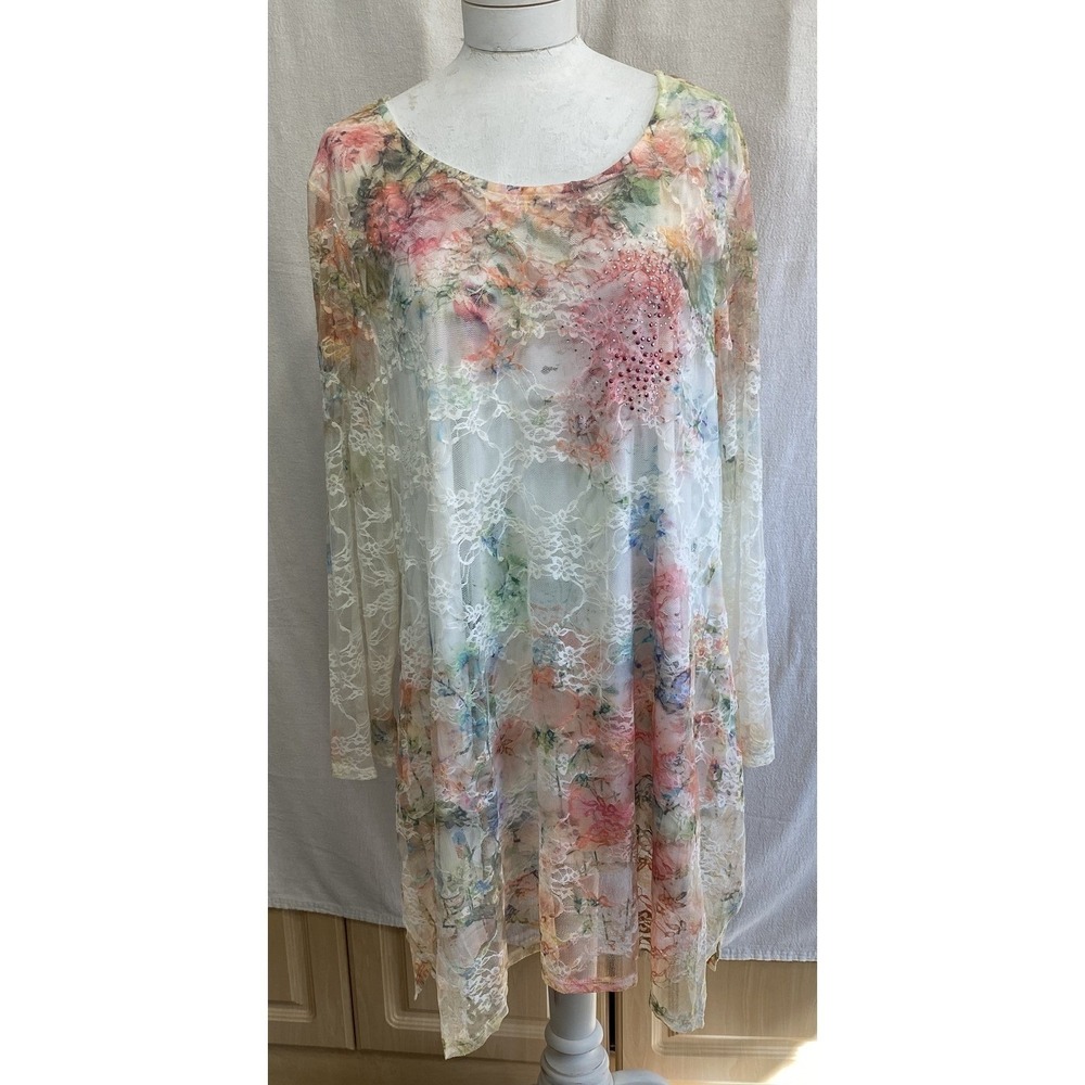 Cal Style Floral Lace Dress Womens 3X Fairy Rhinestone Long Sleeve USA‎ Made